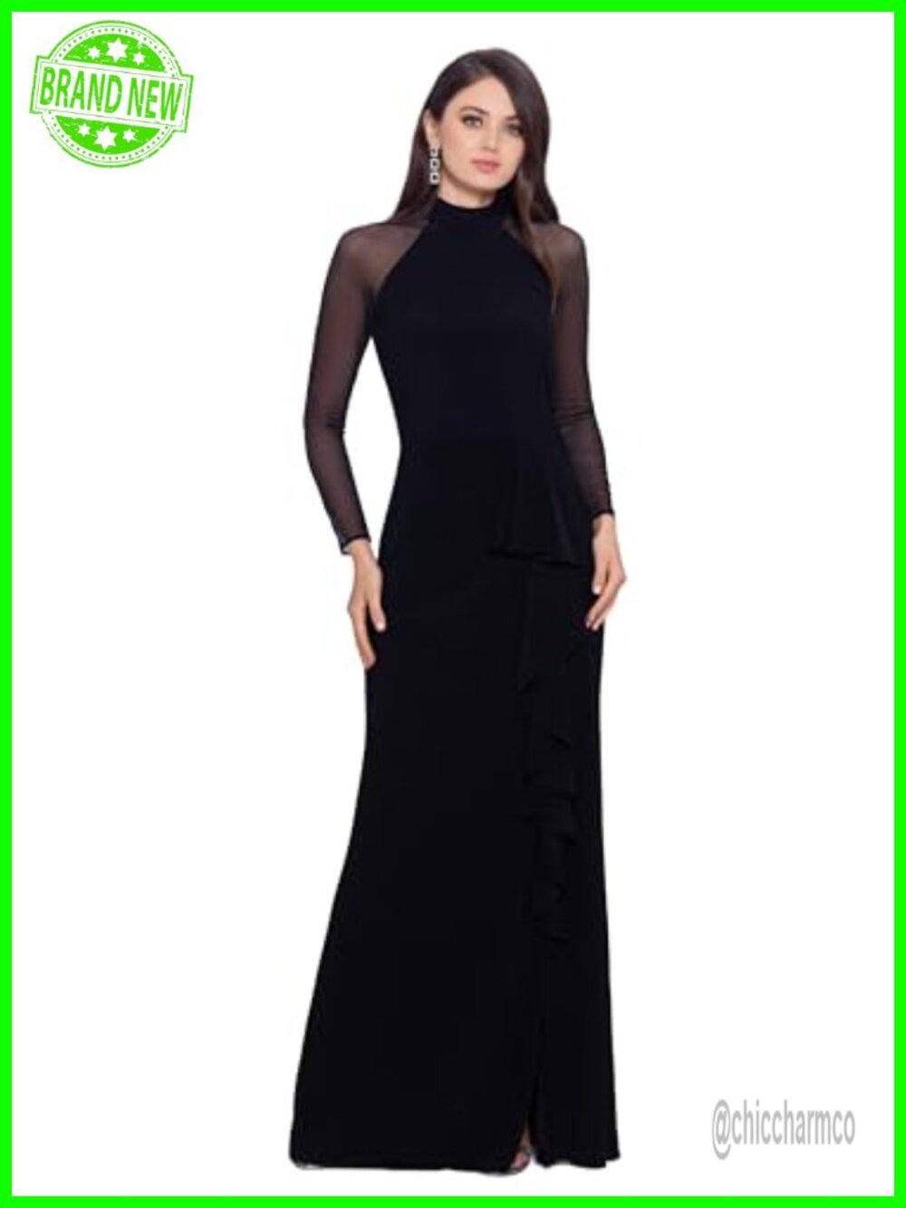 Petite Formal Jersey Knit Illusion Mock Neck Ruffle Slit Gown